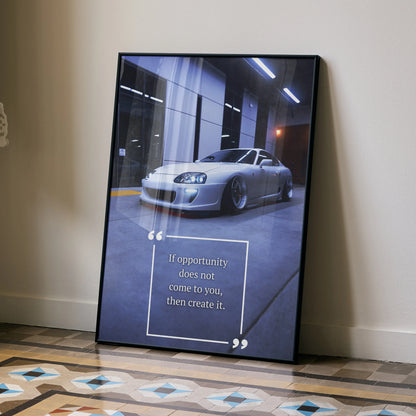 Toyota Supra Mk4 poster wall art with motivational quote in modern garage setting.