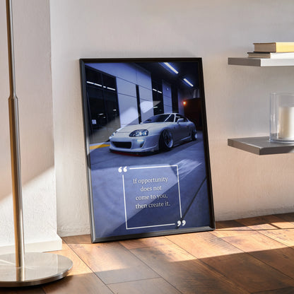 Toyota Supra Mk4 poster with motivational quote in sleek black frame, modern wall art design.