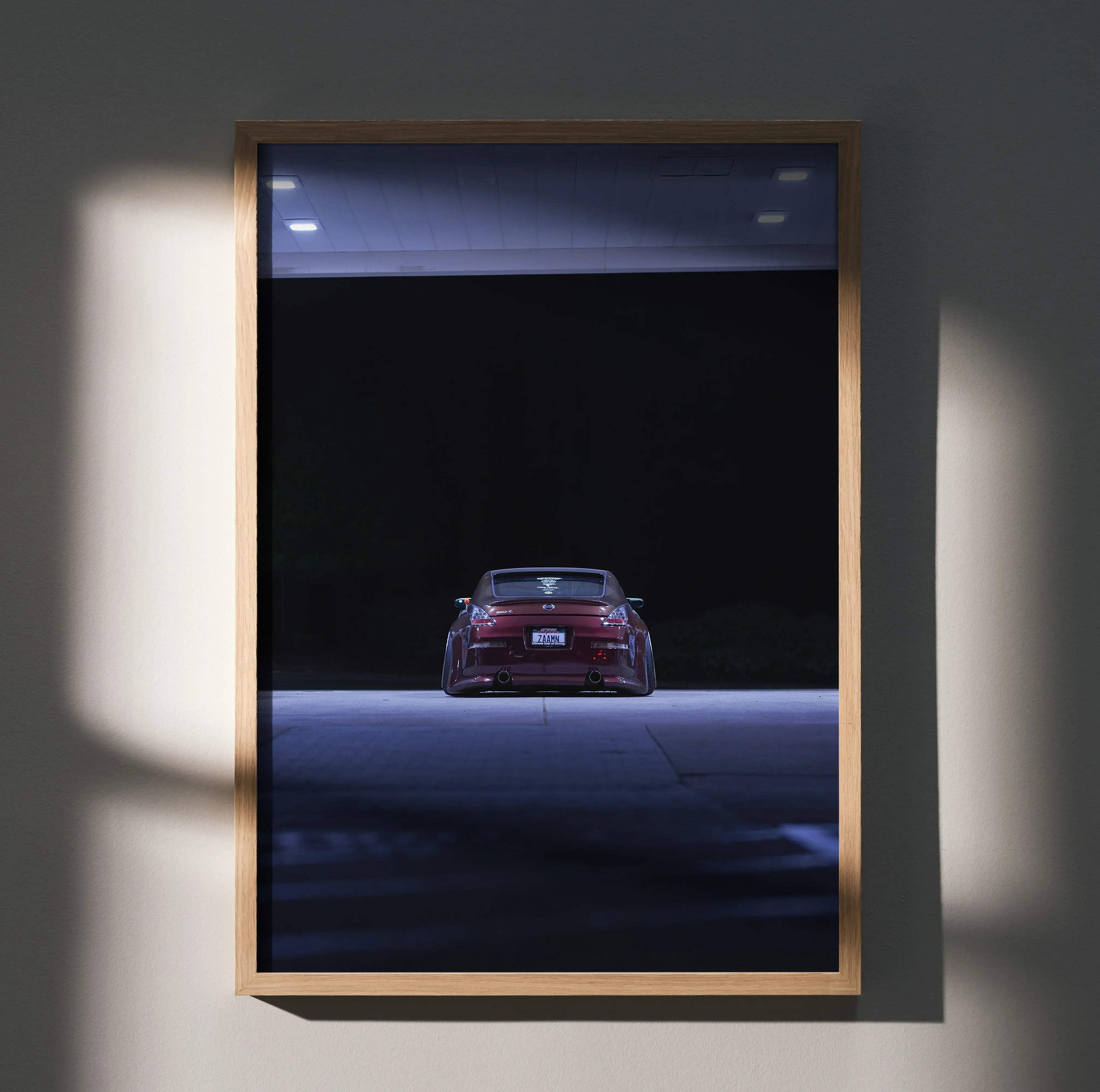 Nissan 350Z rear view at night automotive poster wall art in wooden frame.