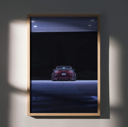 Nissan 350Z rear view at night automotive poster wall art in wooden frame.