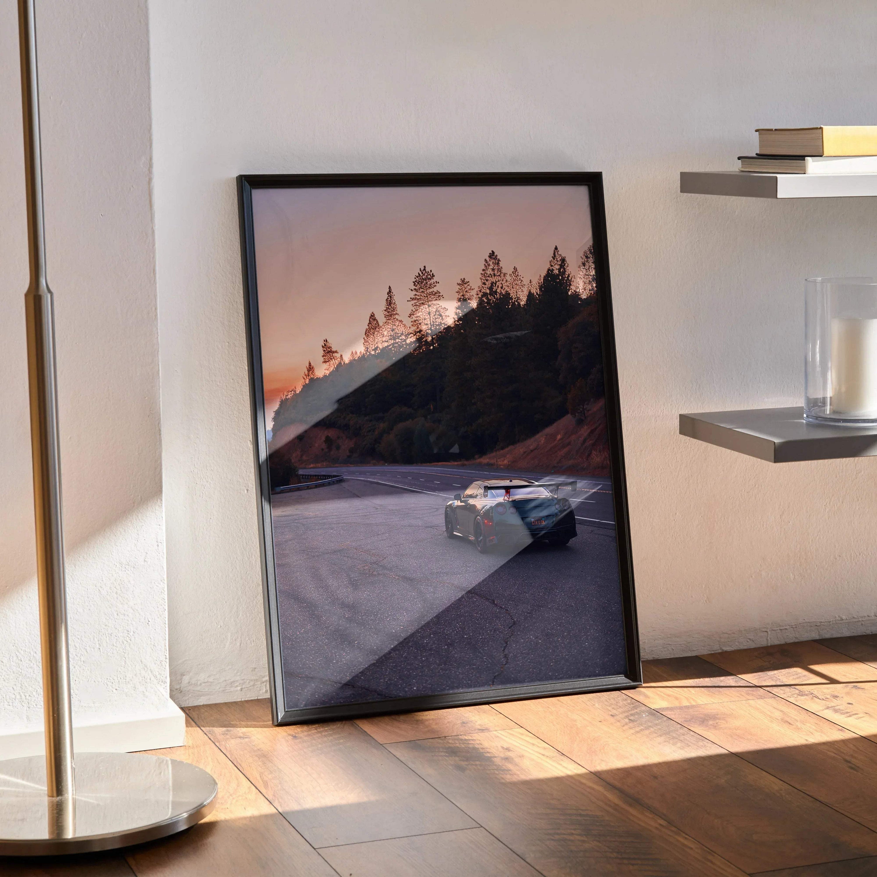 Nissan GTR R35 poster with sunset background and trees, framed automotive wall art.
