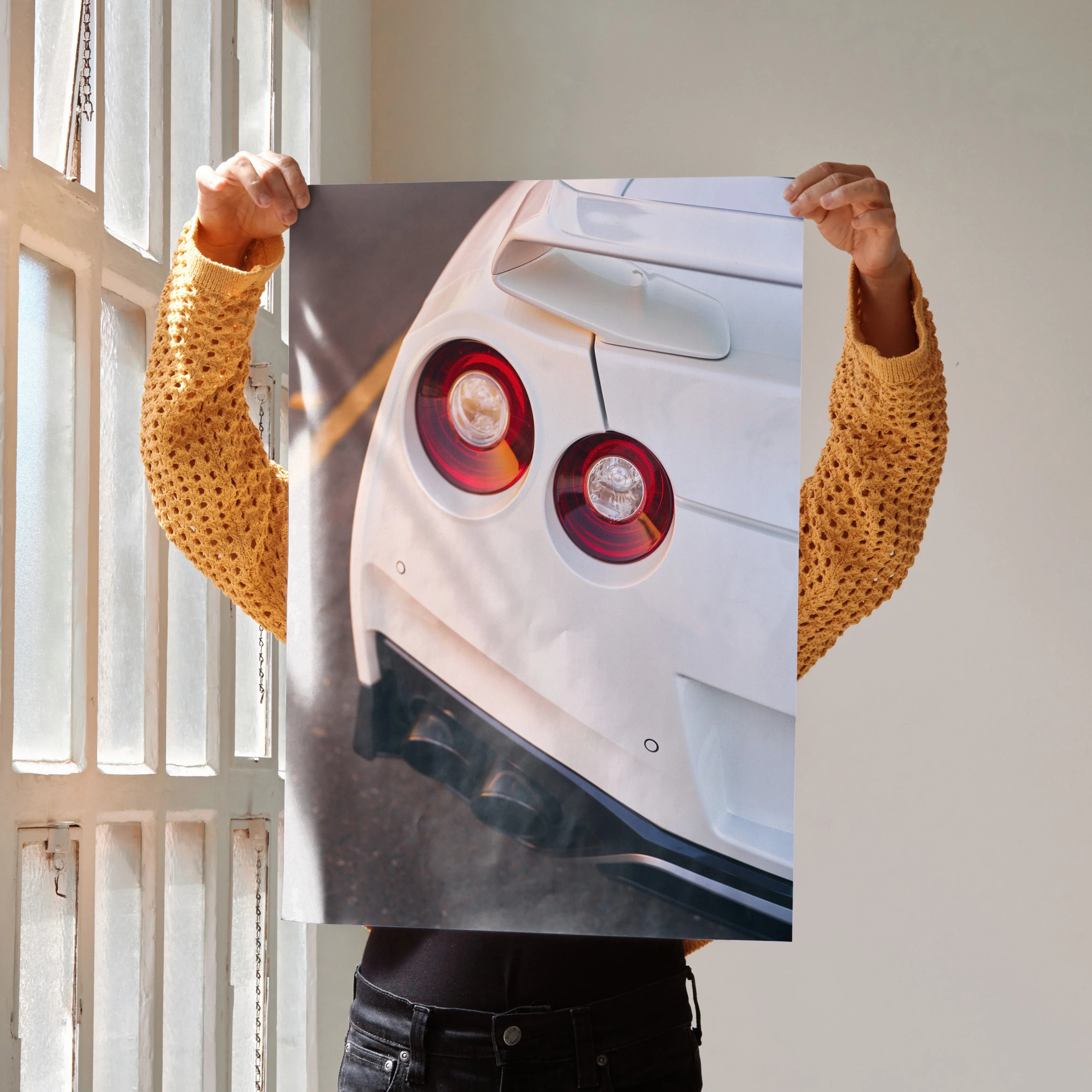 Nissan GTR R35 close-up art print poster showing rear lights and bumper, automotive wall art.