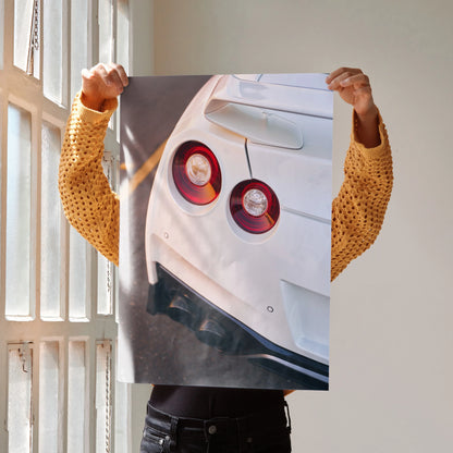 Nissan GTR R35 close-up art print poster showing rear lights and bumper, automotive wall art.