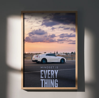 Nissan R35 GT-R poster with sunset background and motivational text wall art.