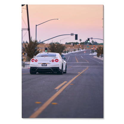Nissan GTR R35 rear view on road at sunset poster wall art.