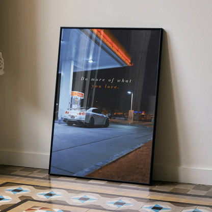 Nissan R35 GT-R parked under neon lights with motivational text poster wall art.