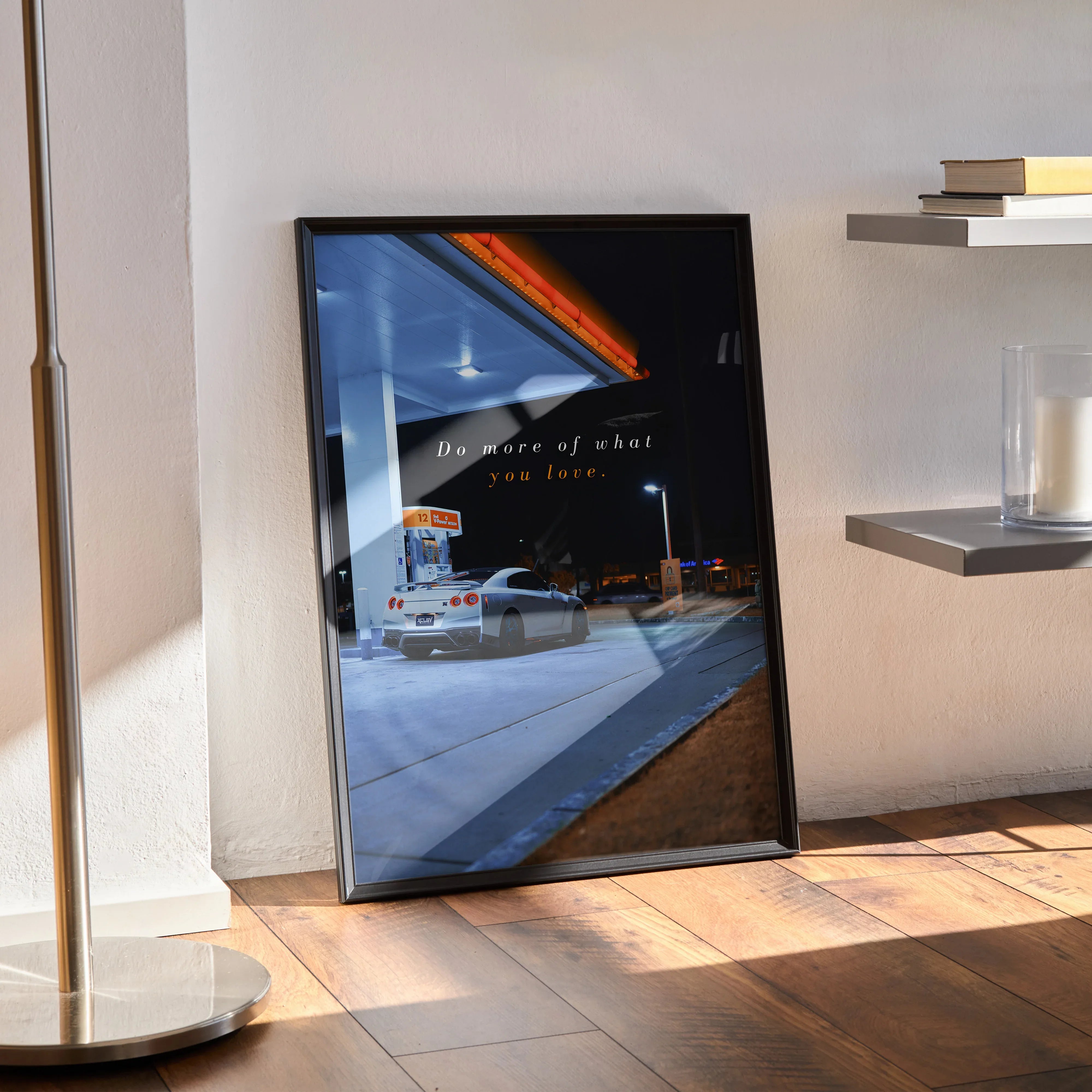 Nissan R35 GT-R at gas station motivational poster with inspiring text wall art.