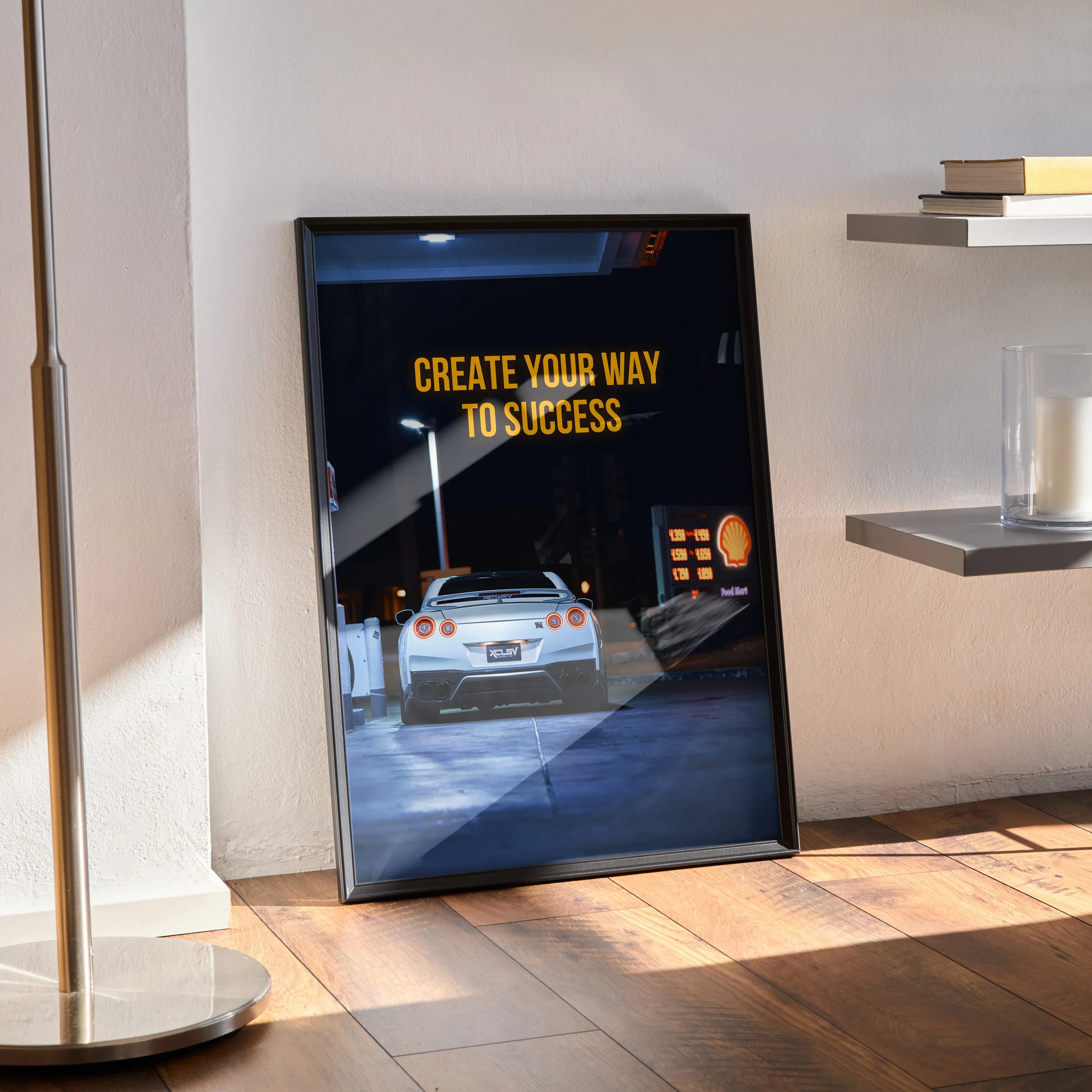 Motivational poster wall art featuring a white Nissan R35 GT-R with "Create Your Way to Success" text.