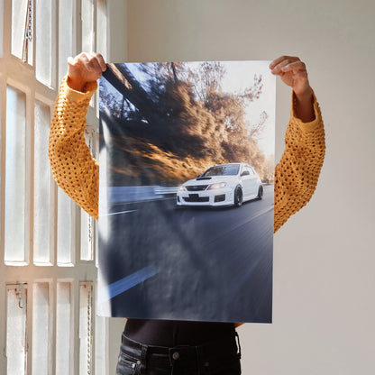 Subaru WRX STI racing on winding road poster wall art with dynamic motion blur.