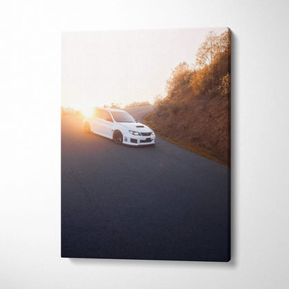 Subaru WRX STI driving on road at sunset wall art vertical canvas print.