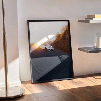 Subaru WRX STI poster wall art featuring white car on scenic sunset road with autumn trees.