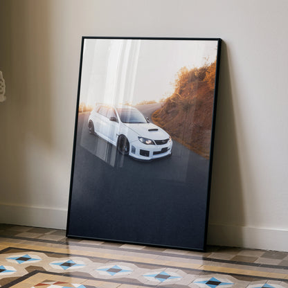 Subaru WRX STI poster wall art featuring white car on winding road with autumn trees.