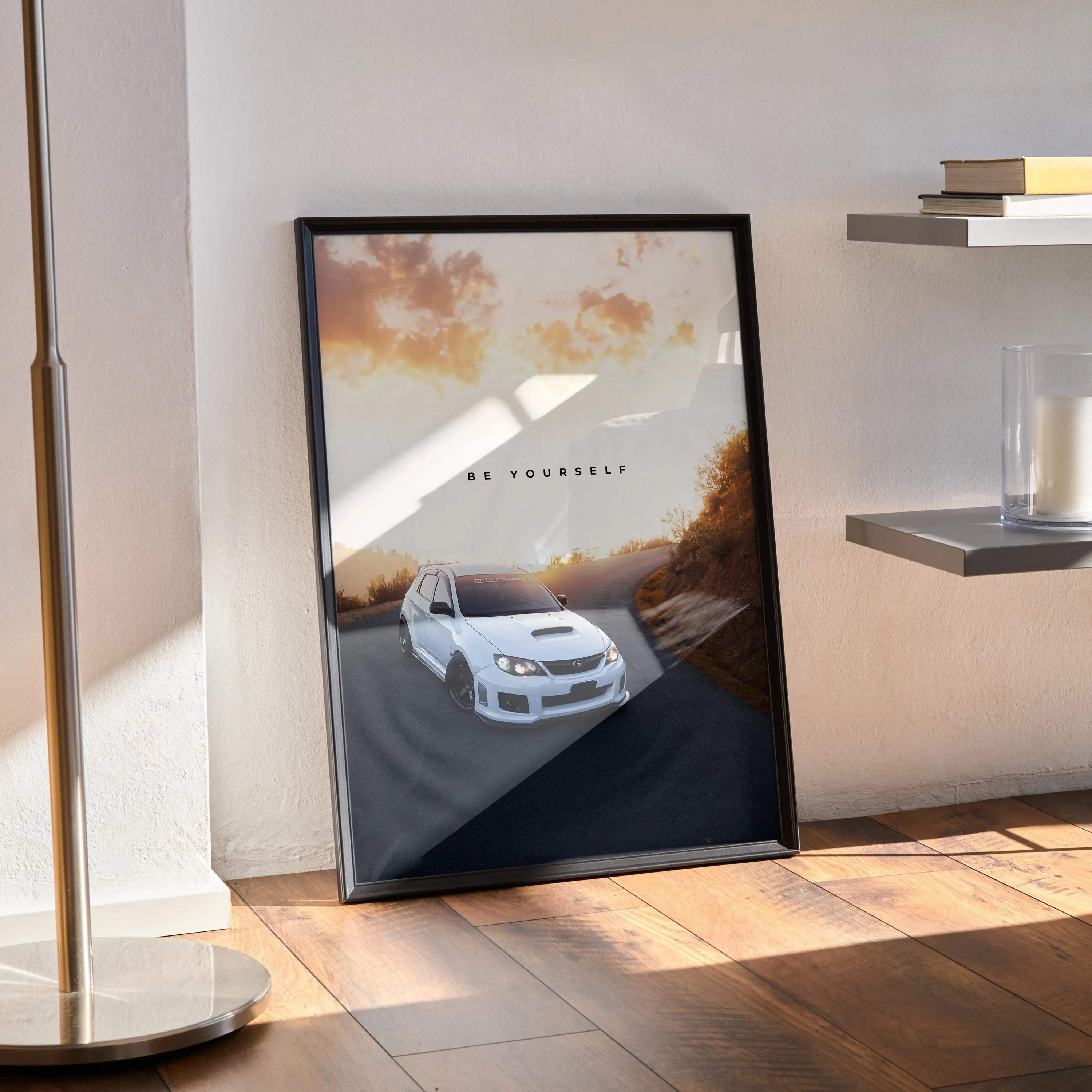 Subaru WRX STI white sports car on road at sunset motivational poster wall art in black frame.