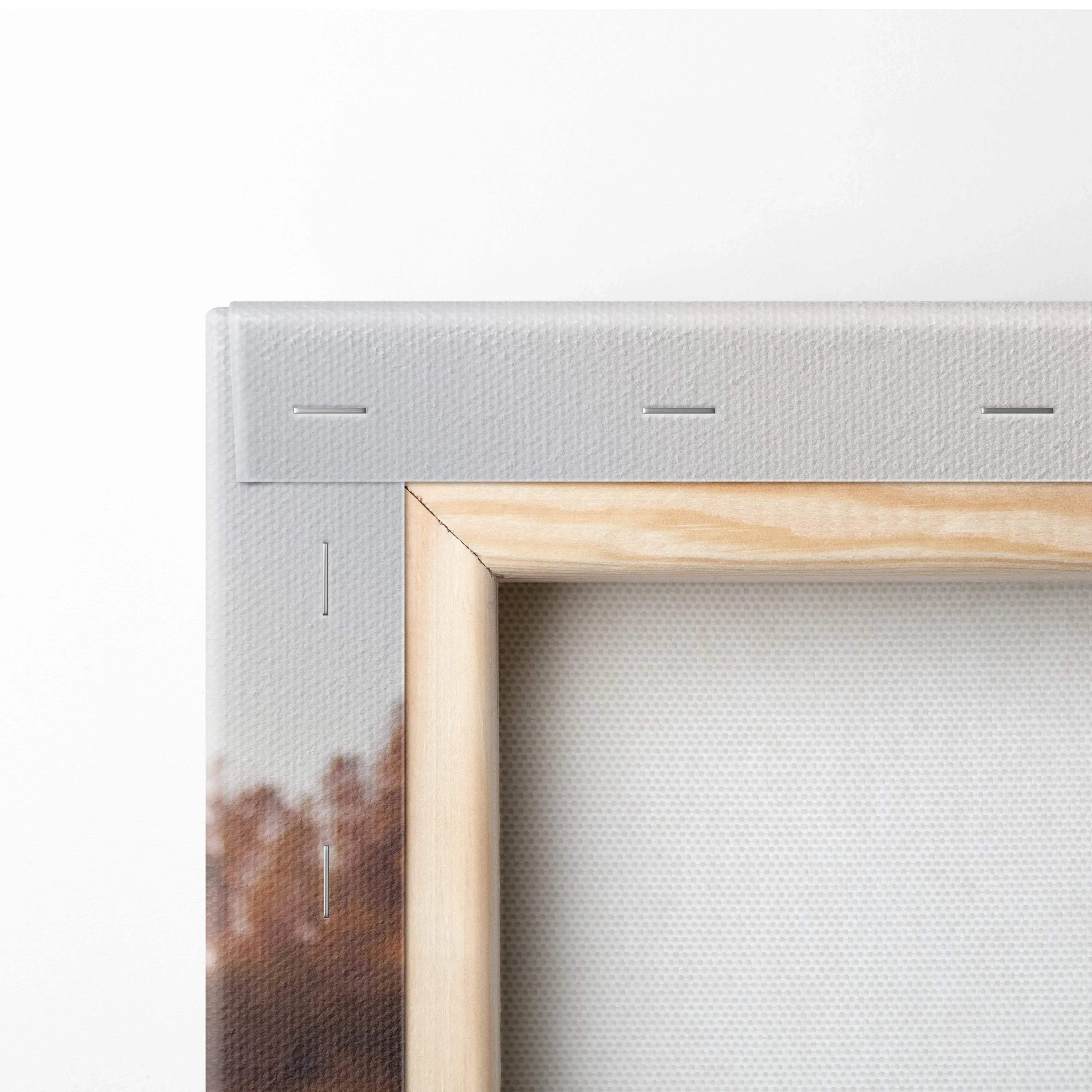 Close-up of wooden frame and white canvas texture for vertical canvas art wall decor.