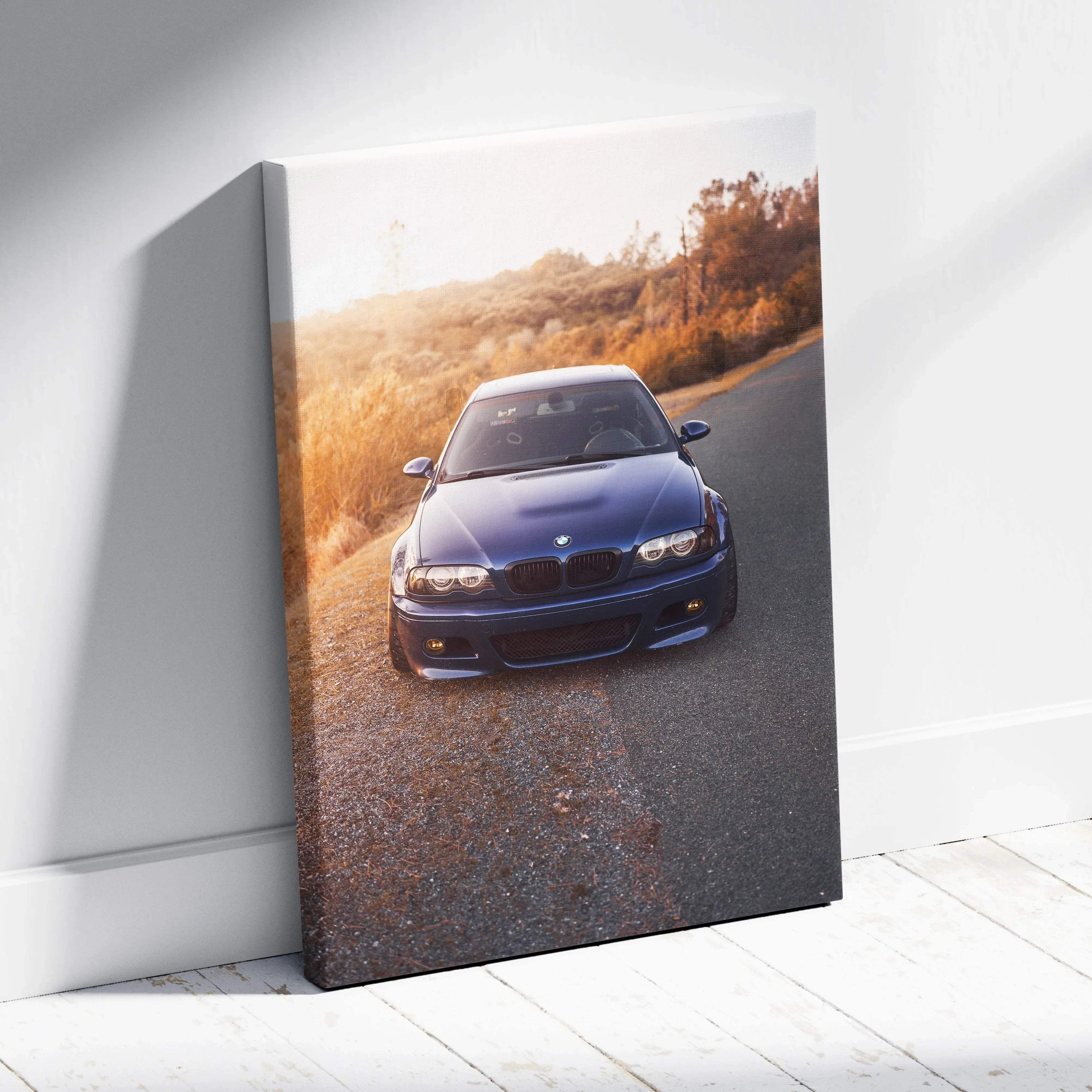BMW E46 M3 blue car canvas art with sunset background, vertical wall art print.
