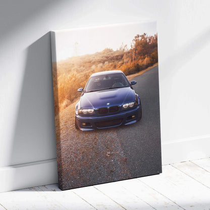 BMW E46 M3 blue car canvas art with sunset background, vertical wall art print.