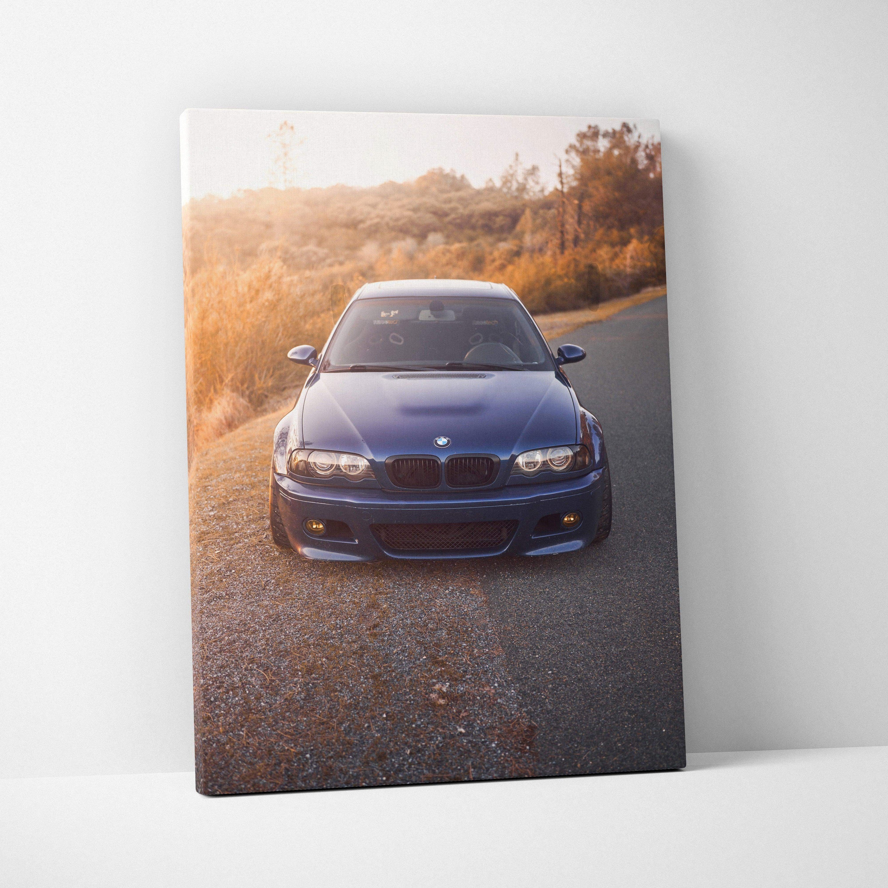 BMW E46 M3 front view on road with autumn background canvas wall art in vertical format.