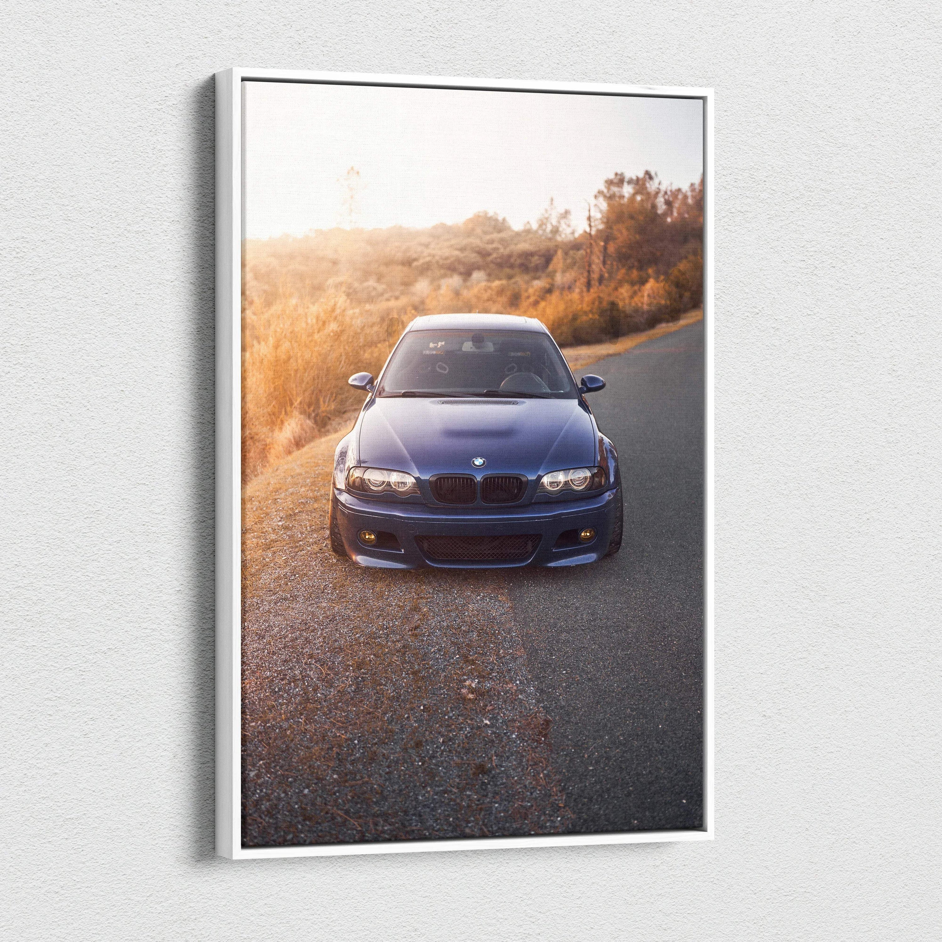 BMW E46 M3 blue car on road with sunset background vertical canvas wall art print.