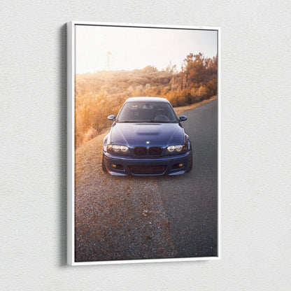 BMW E46 M3 blue car on road with sunset background vertical canvas wall art print.