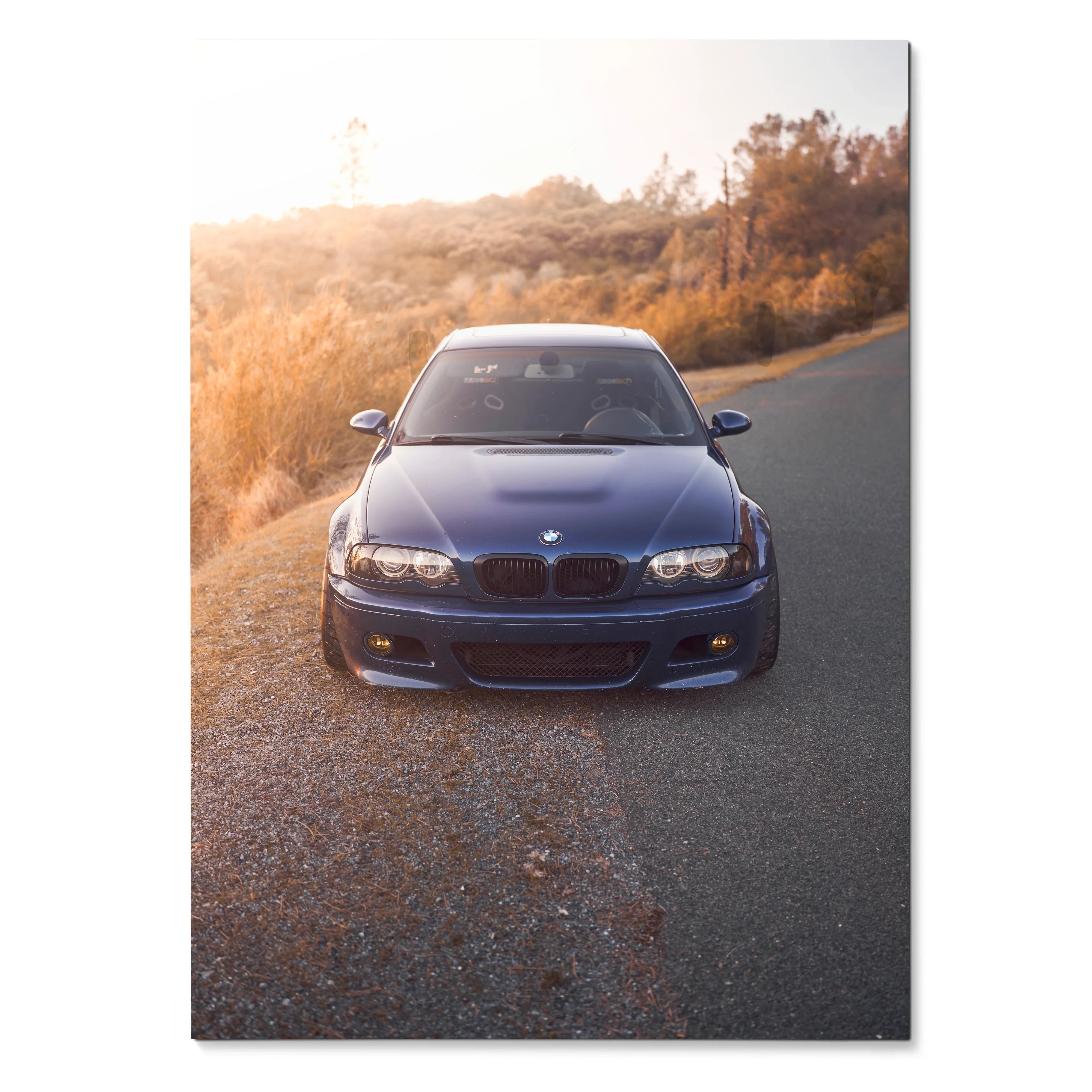 Blue BMW E46 M3 on road at sunset automotive poster wall art.