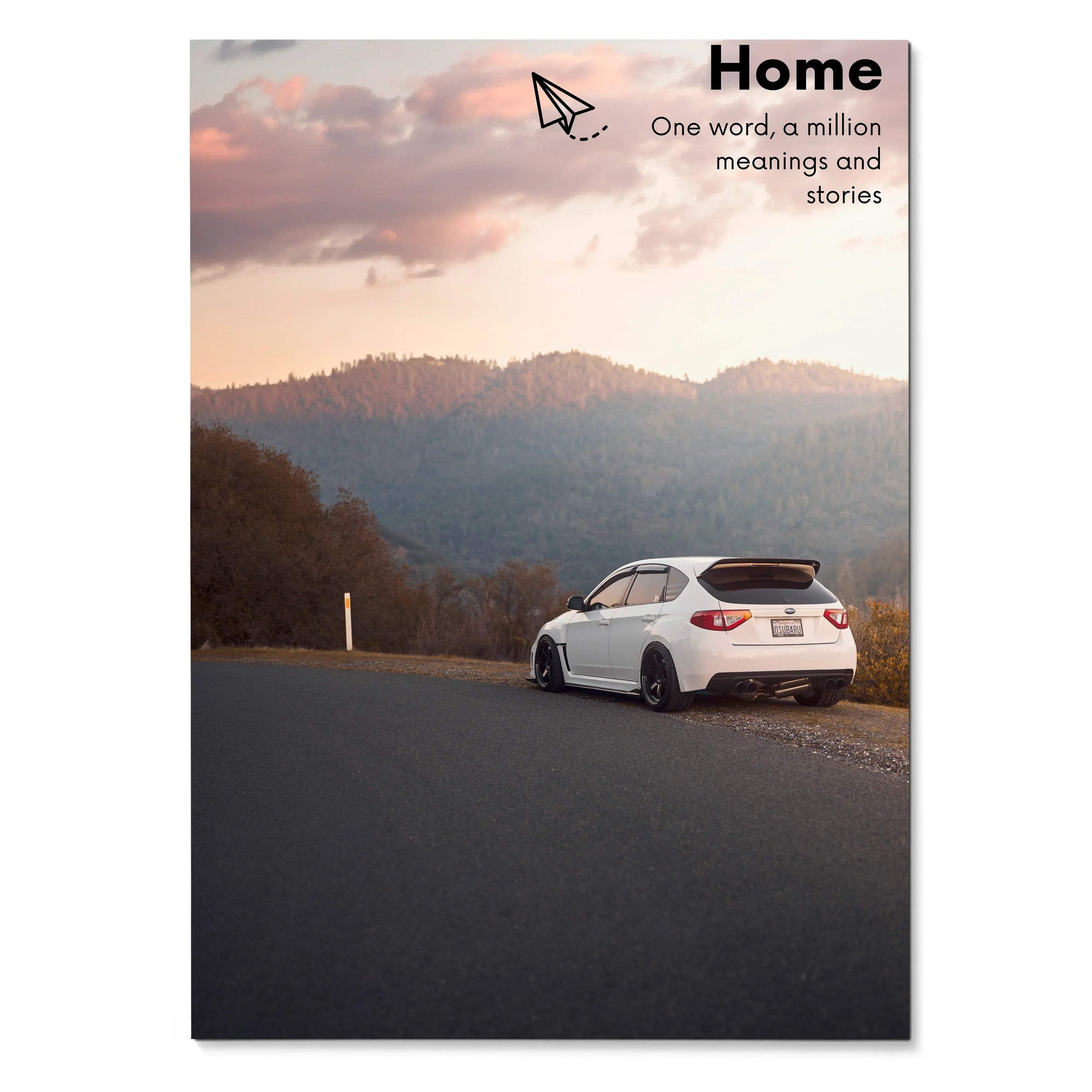 Motivational poster wall art featuring a white Subaru WRX STI parked on a roadside with misty hills and soft pink sunset sky .