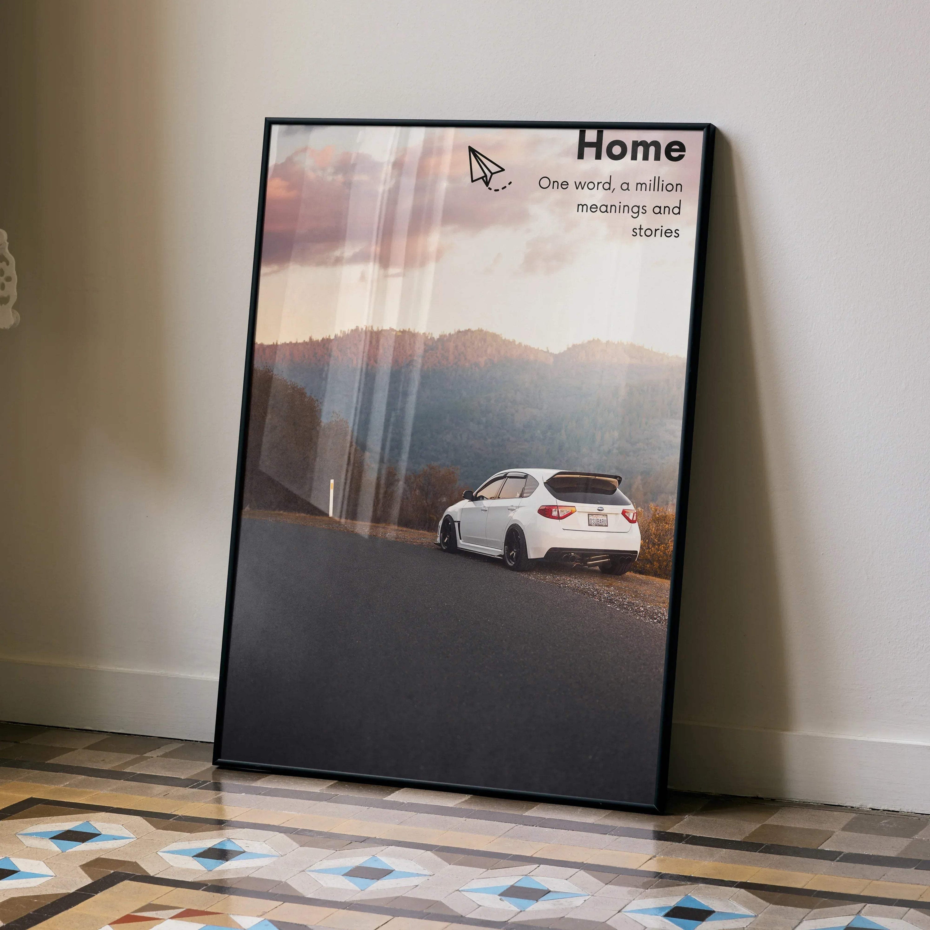 Subaru WRX STI motivational poster with a white car on a mountain road at sunset wall art.
