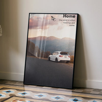 Subaru WRX STI motivational poster with a white car on a mountain road at sunset wall art.