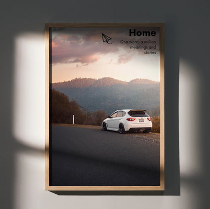 Subaru WRX STI on mountain road motivational poster wall art with scenic sunset background.