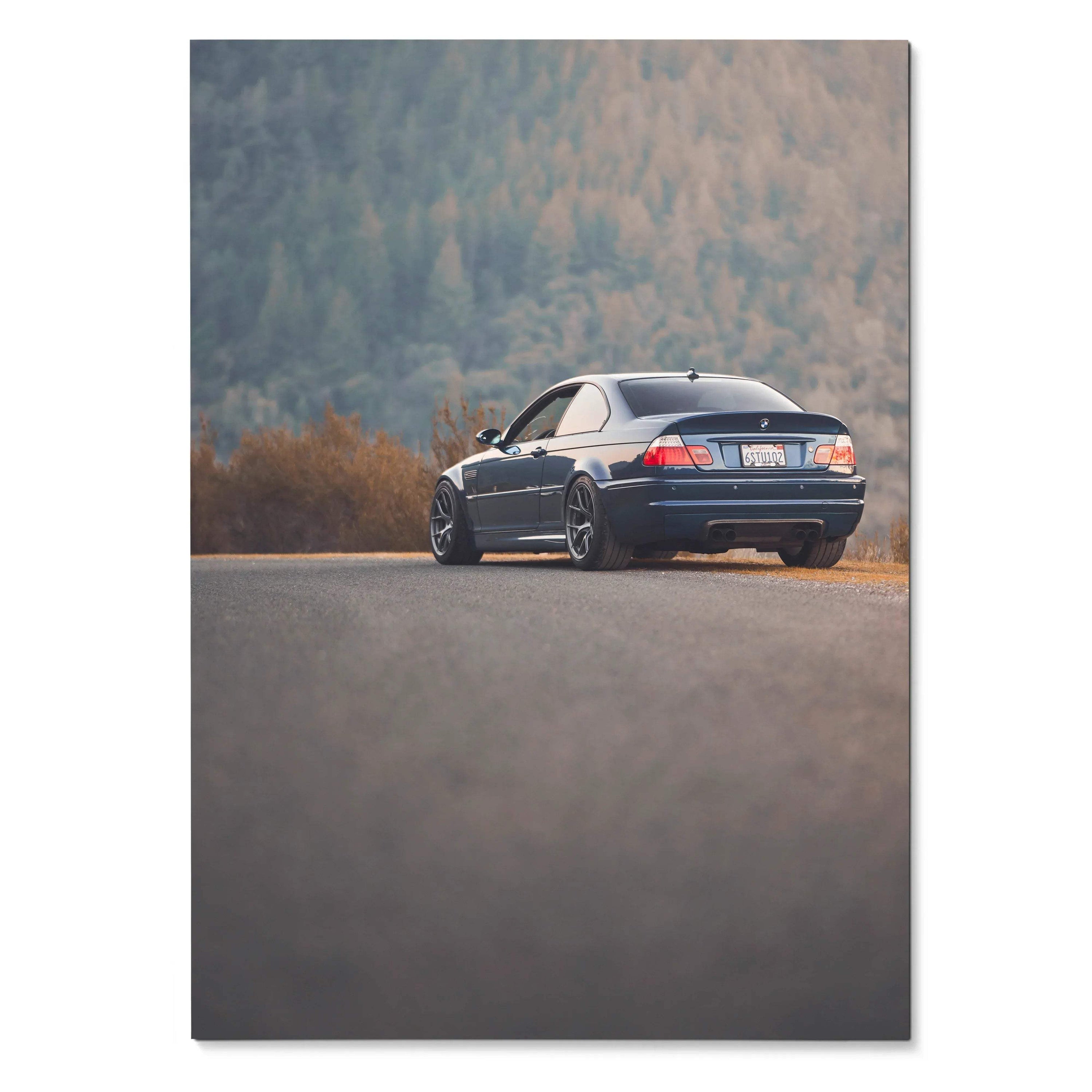 BMW E46 M3 dark blue parked on road with forest backdrop, automotive poster wall art.