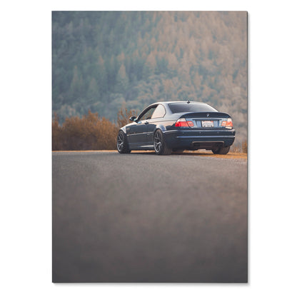 BMW E46 M3 dark blue parked on road with forest backdrop, automotive poster wall art.