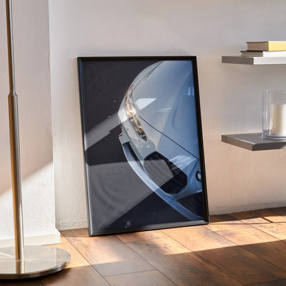 BMW G80 M3 close-up high resolution poster leaning on floor, modern wall art with sleek car detail.