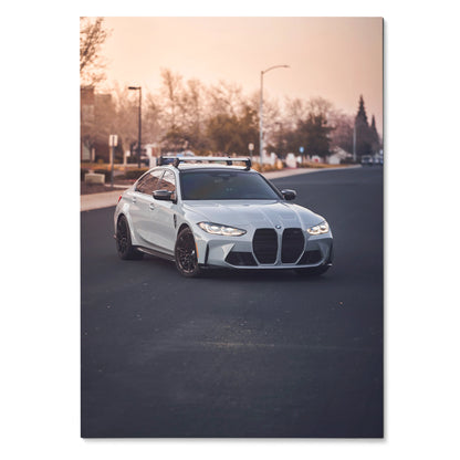 BMW G80 M3 parked on street with large grille and sporty design wall art poster.