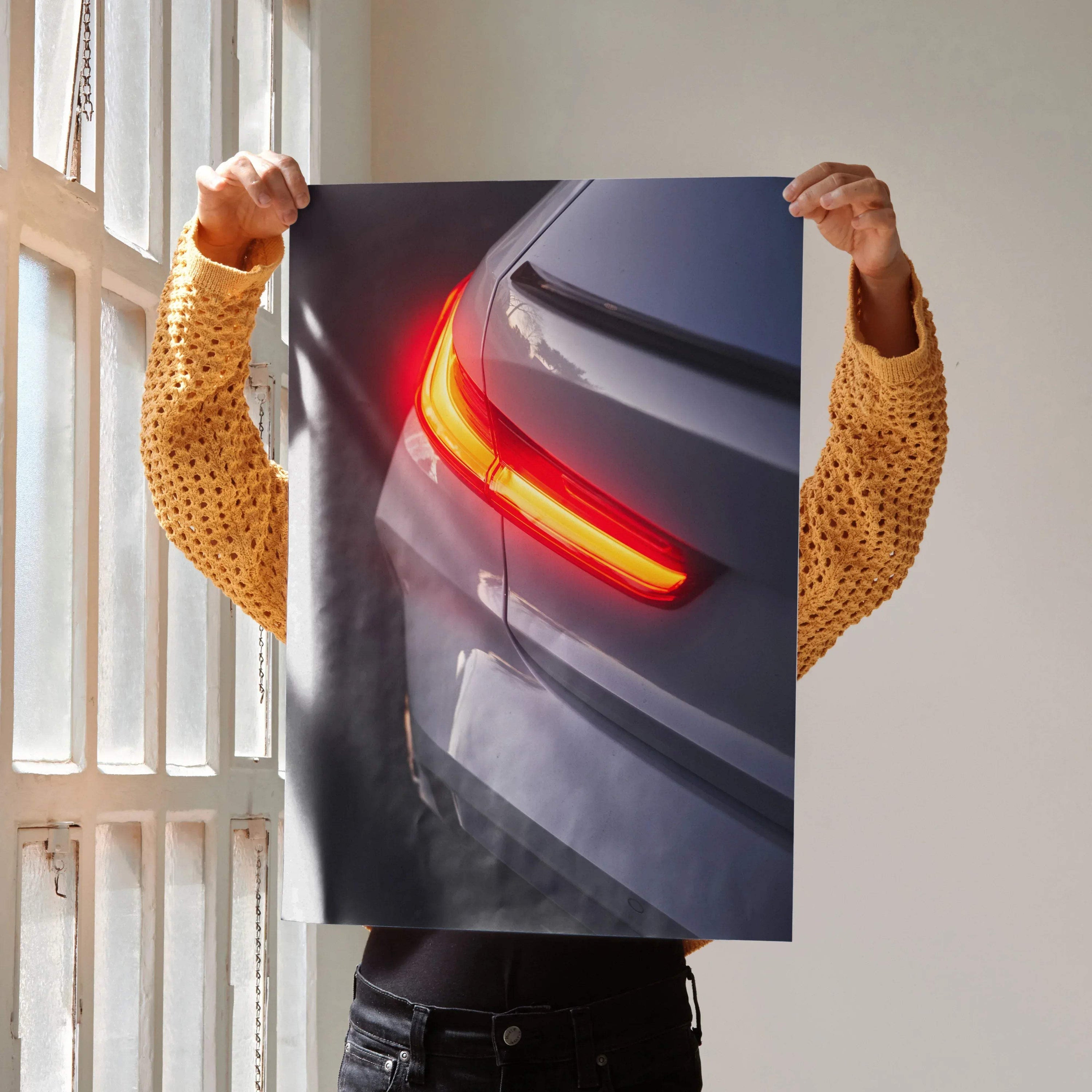 BMW G80 M3 rear light close-up poster wall art with dynamic red and gray tones.