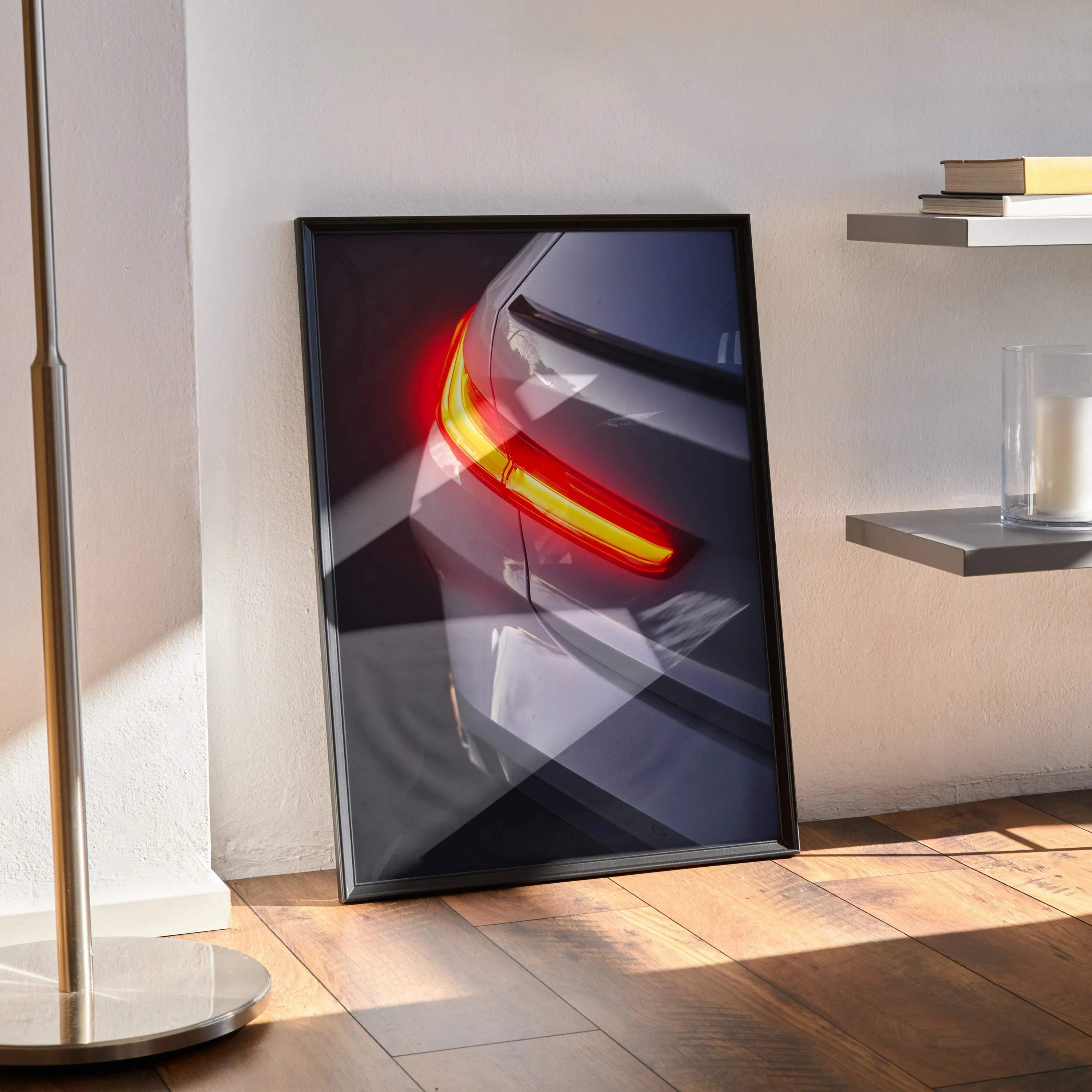 BMW G80 M3 car poster featuring illuminated taillight detail, sleek automotive wall art in black frame.