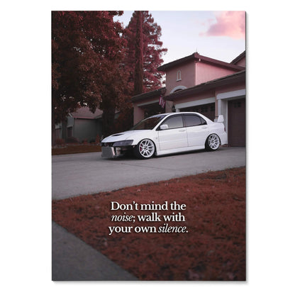 Motivational poster wall art featuring white Mitsubishi Evo 8 with inspiring text on moody autumn background.