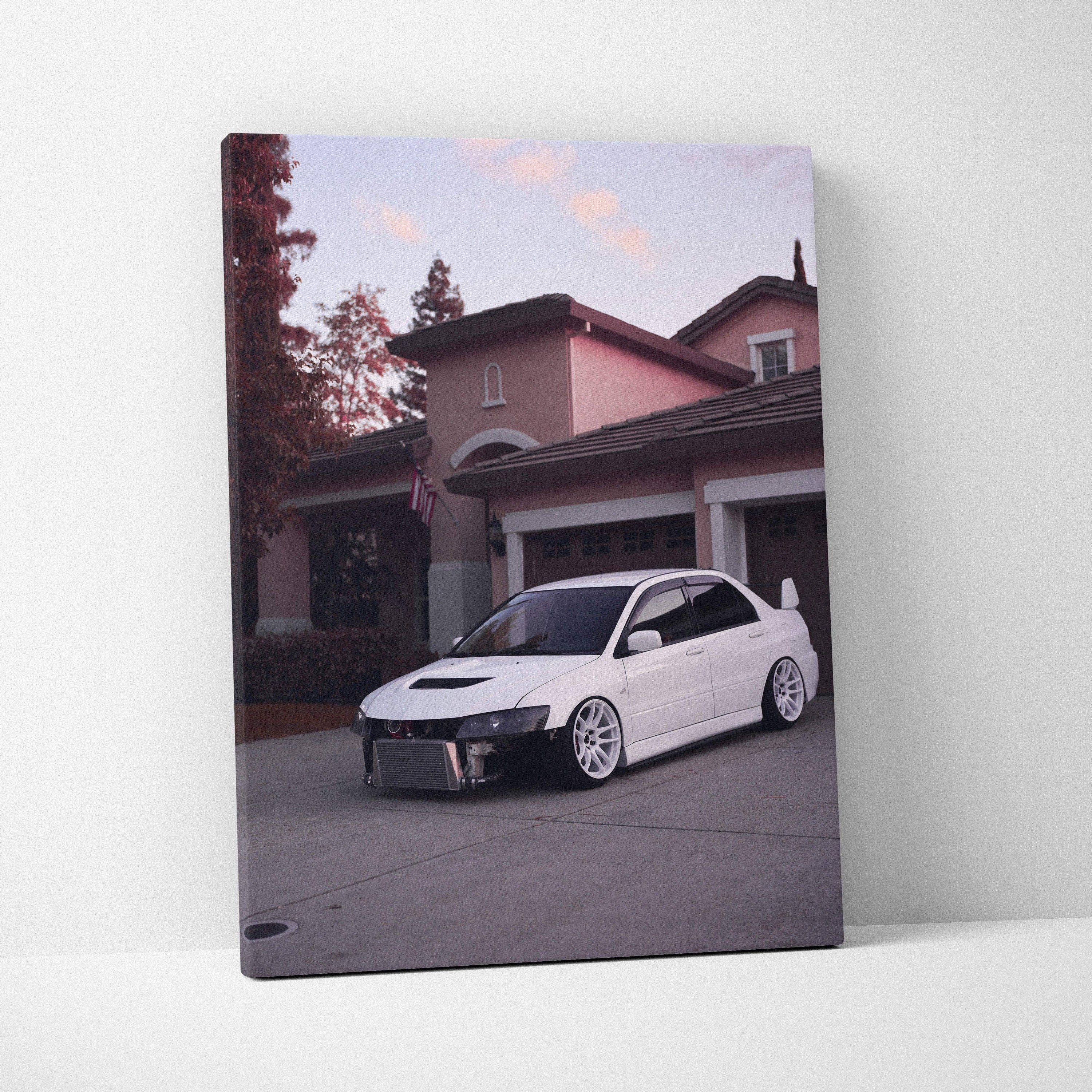 Mitsubishi Evo 8 white car parked in driveway modern home canvas wall art.