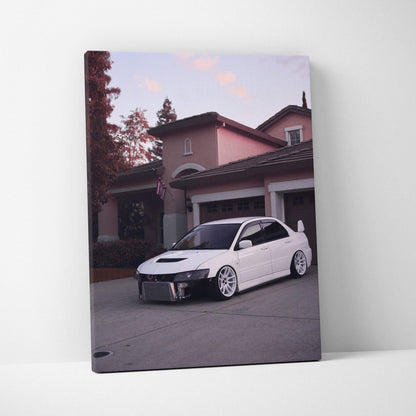 Mitsubishi Evo 8 white car parked in driveway modern home canvas wall art.