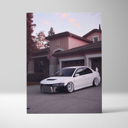 White Mitsubishi Evo 8 parked in driveway, sleek car canvas art, vertical wall art print.