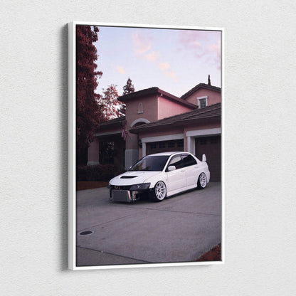 Vertical canvas art featuring a white Mitsubishi Evo 8 parked in a driveway at sunset wall art.
