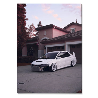 Mitsubishi Evo 8 parked in driveway with modern house backdrop poster wall art.
