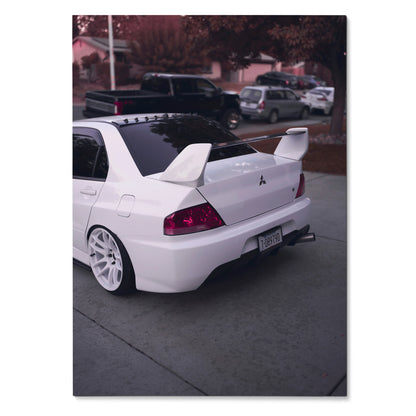 White Mitsubishi Evo 8 with large rear spoiler and custom white wheels poster wall art.