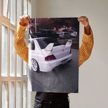 Mitsubishi Evo 8 rear view poster wall art showcasing white sports car with spoiler and street background.