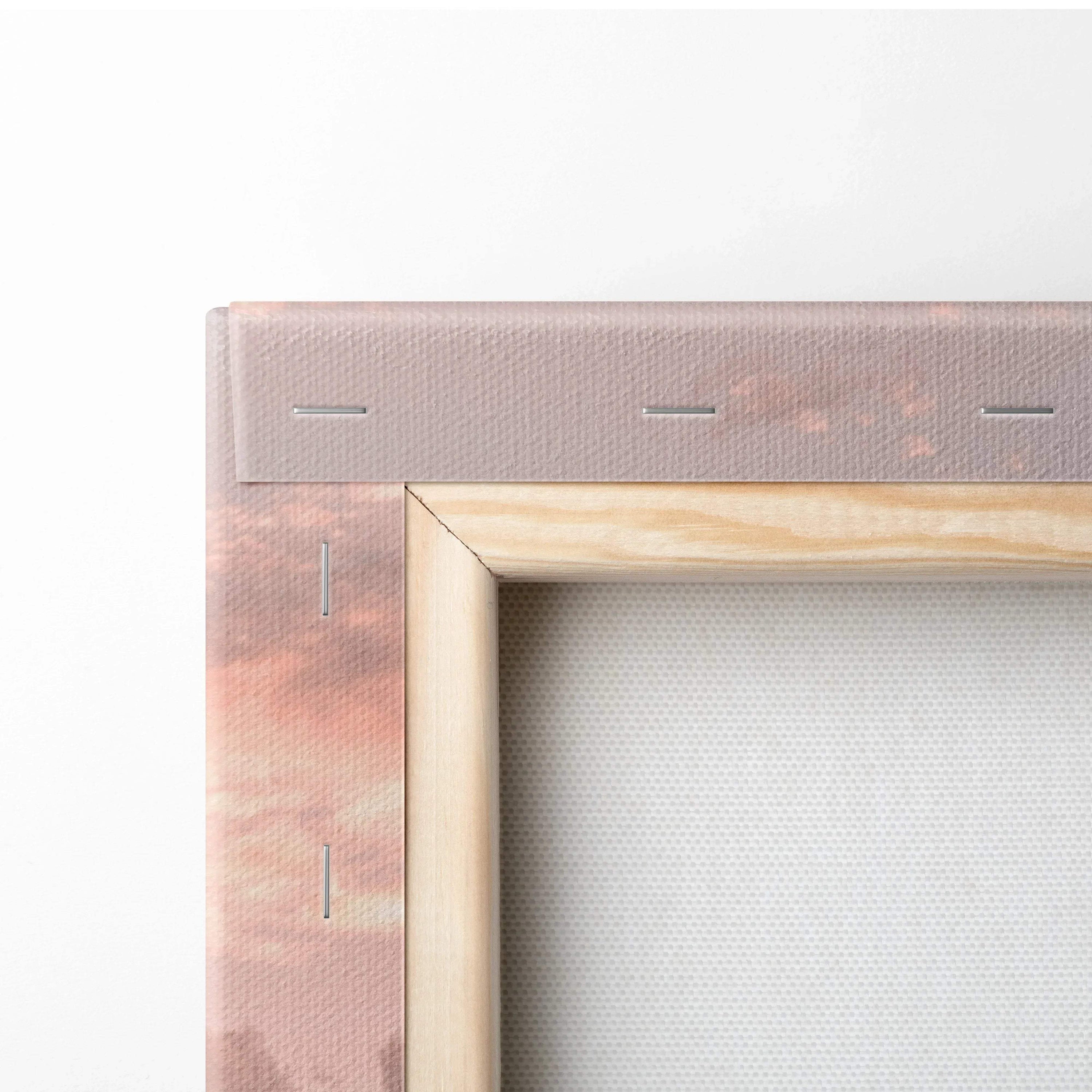 Close-up of wooden frame and edge detail on sunset Nissan R35 GTR canvas wall art.