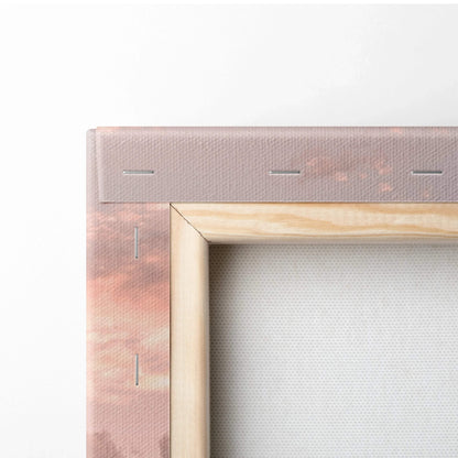 Close-up of wooden frame and edge detail on sunset Nissan R35 GTR canvas wall art.
