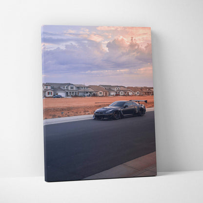 Nissan R35 GTR parked on road at sunset with houses in background vertical canvas wall art.