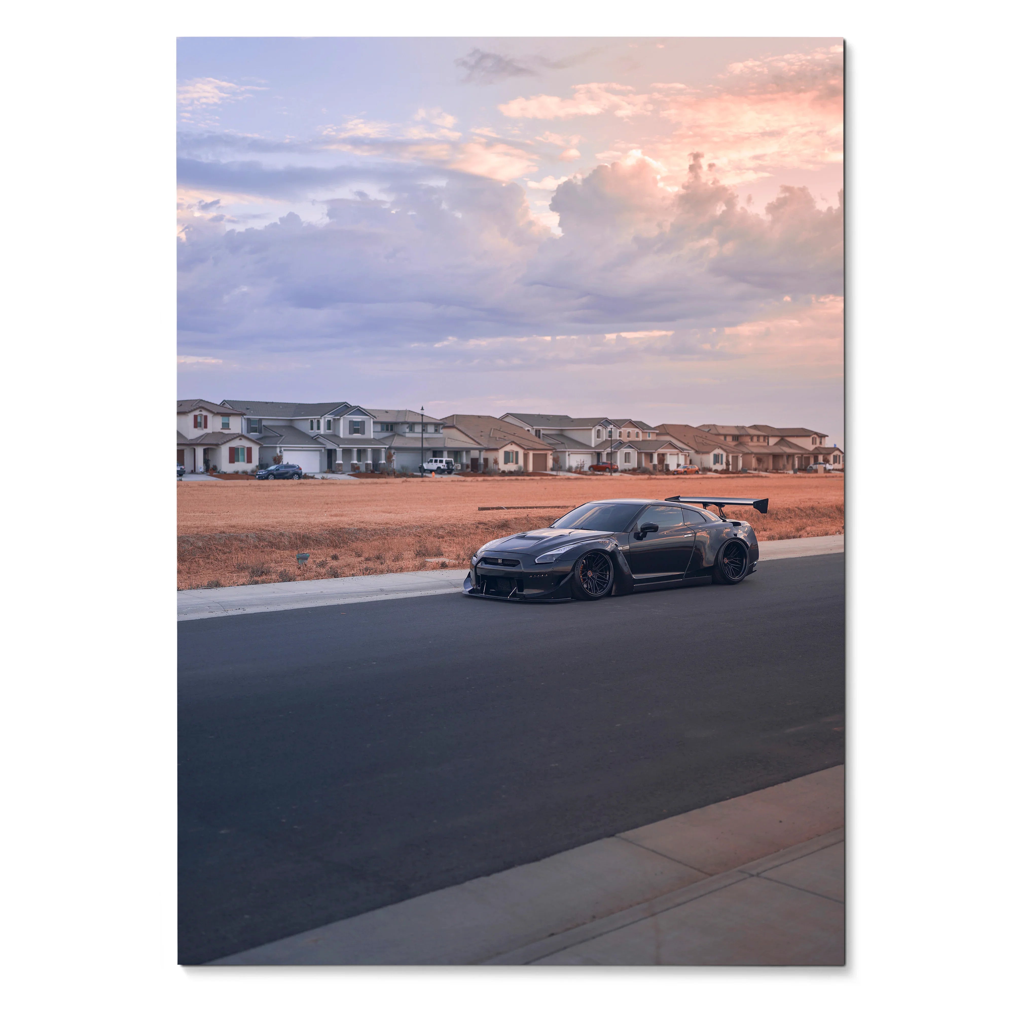 Nissan R35 GTR widebody poster parked on suburban street at sunset, automotive wall art.