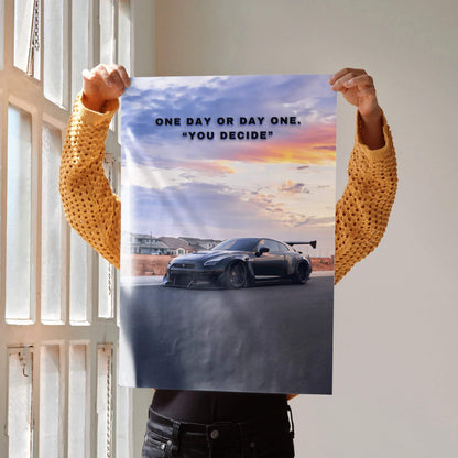 Motivational poster wall art featuring black Nissan R35 GT-R with sunset background and inspiring text.