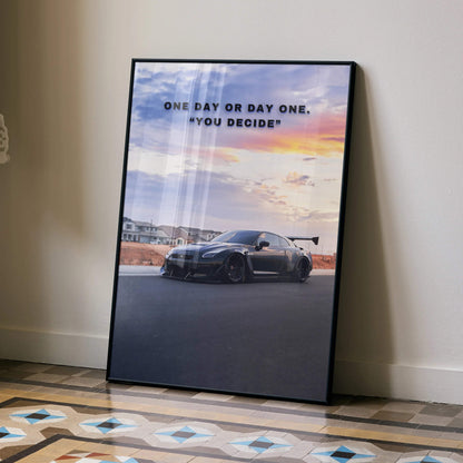 Nissan R35 GT-R black car with sunset sky motivational poster wall art in black frame.