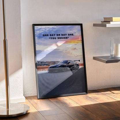 Framed Nissan R35 GT-R motivational poster with sunset and inspiring text wall art.