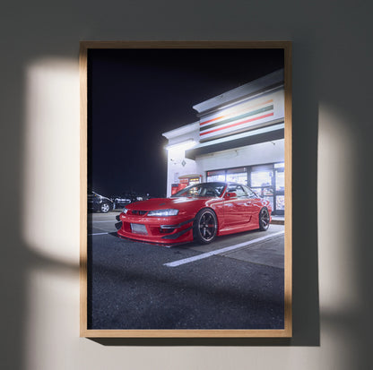 Nissan 240sx S14 Kouki poster featuring red car in front of illuminated 7-Eleven store wall art.